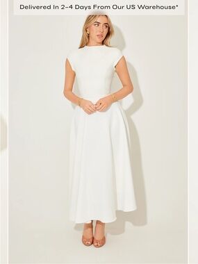Sold Out Odd Muse Cap-Sleeve White Midi Dress with Fitted Bodice